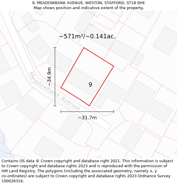 9, MEADOWBANK AVENUE, WESTON, STAFFORD, ST18 0HE: Plot and title map