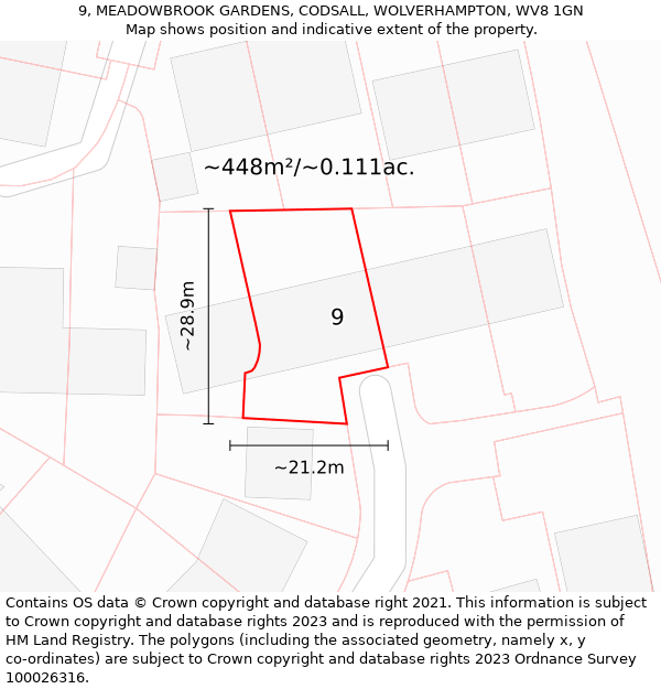 9, MEADOWBROOK GARDENS, CODSALL, WOLVERHAMPTON, WV8 1GN: Plot and title map