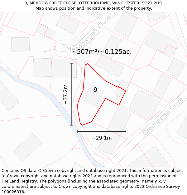 9, MEADOWCROFT CLOSE, OTTERBOURNE, WINCHESTER, SO21 2HD: Plot and title map