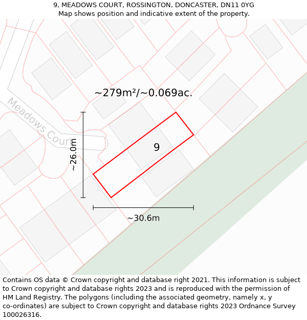 9, MEADOWS COURT, ROSSINGTON, DONCASTER, DN11 0YG: Plot and title map