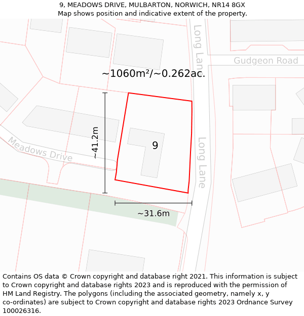 9, MEADOWS DRIVE, MULBARTON, NORWICH, NR14 8GX: Plot and title map