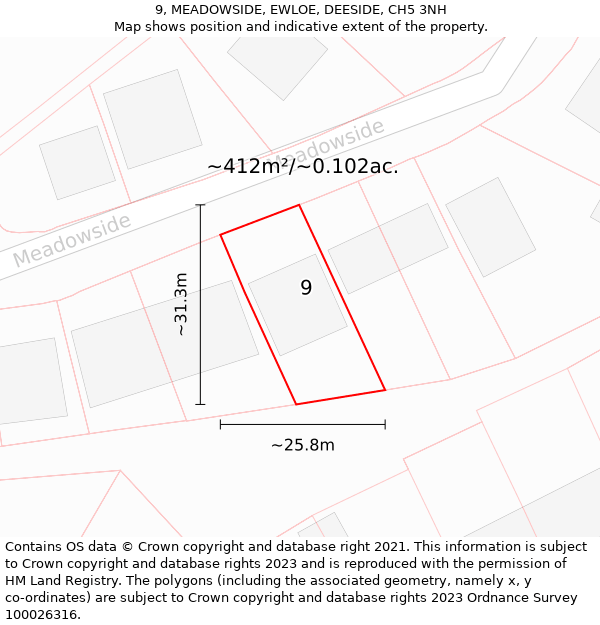 9, MEADOWSIDE, EWLOE, DEESIDE, CH5 3NH: Plot and title map