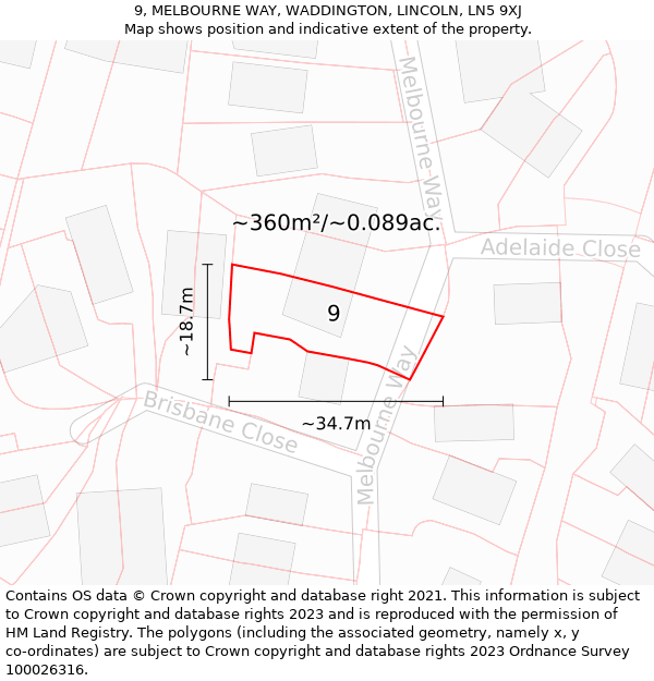 9, MELBOURNE WAY, WADDINGTON, LINCOLN, LN5 9XJ: Plot and title map