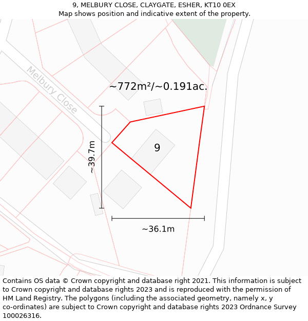 9, MELBURY CLOSE, CLAYGATE, ESHER, KT10 0EX: Plot and title map