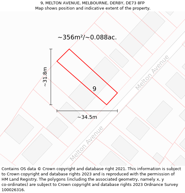 9, MELTON AVENUE, MELBOURNE, DERBY, DE73 8FP: Plot and title map