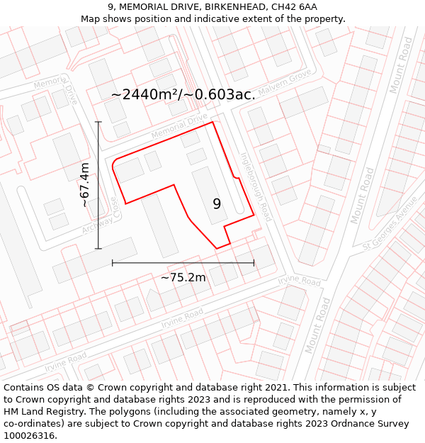 9, MEMORIAL DRIVE, BIRKENHEAD, CH42 6AA: Plot and title map