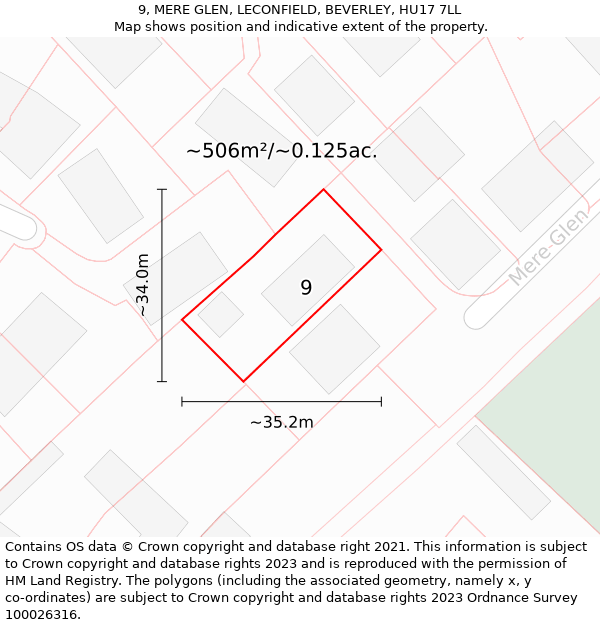 9, MERE GLEN, LECONFIELD, BEVERLEY, HU17 7LL: Plot and title map