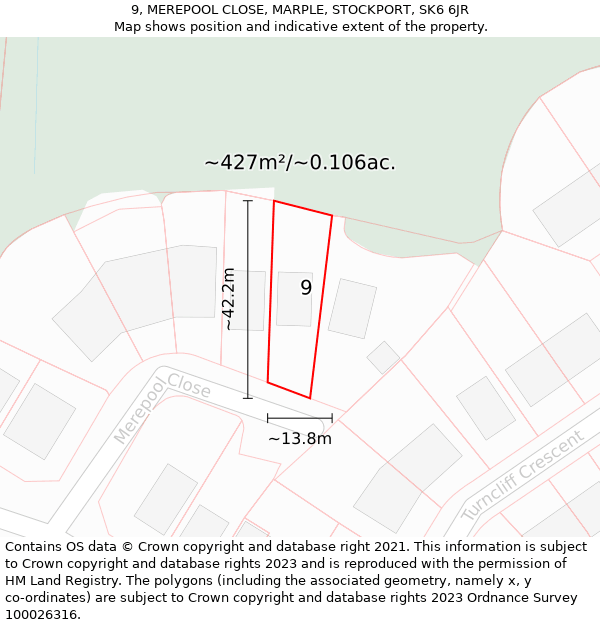 9, MEREPOOL CLOSE, MARPLE, STOCKPORT, SK6 6JR: Plot and title map