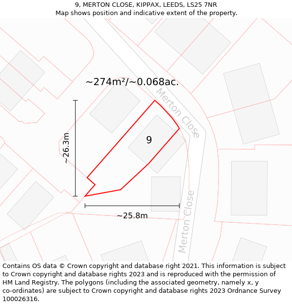 9, MERTON CLOSE, KIPPAX, LEEDS, LS25 7NR: Plot and title map