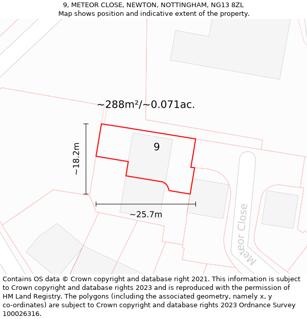 9, METEOR CLOSE, NEWTON, NOTTINGHAM, NG13 8ZL: Plot and title map