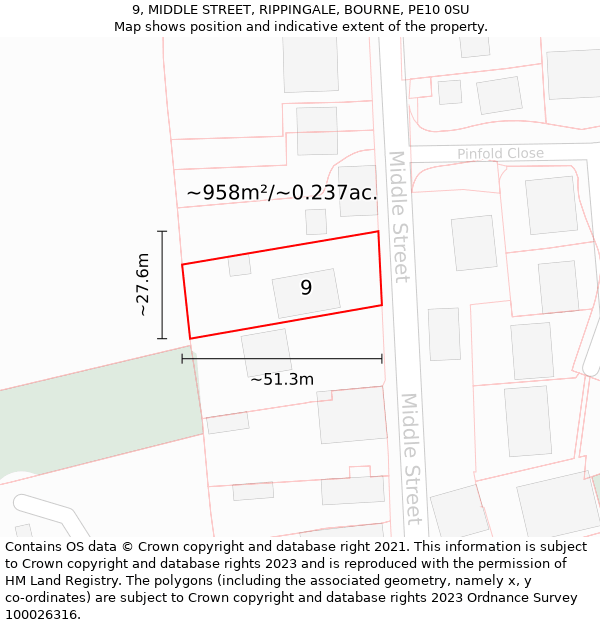 9, MIDDLE STREET, RIPPINGALE, BOURNE, PE10 0SU: Plot and title map