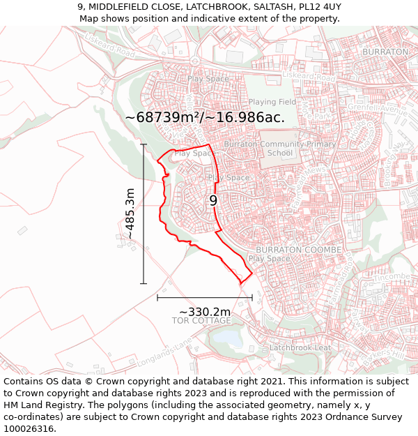 9, MIDDLEFIELD CLOSE, LATCHBROOK, SALTASH, PL12 4UY: Plot and title map