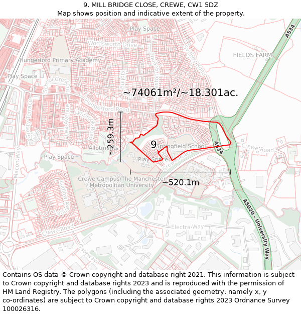 9, MILL BRIDGE CLOSE, CREWE, CW1 5DZ: Plot and title map