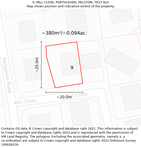 9, MILL CLOSE, PORTHLEVEN, HELSTON, TR13 9LH: Plot and title map