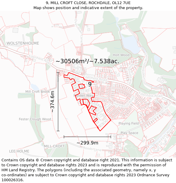 9, MILL CROFT CLOSE, ROCHDALE, OL12 7UE: Plot and title map