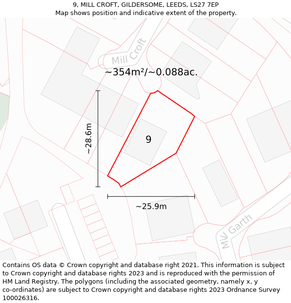 9, MILL CROFT, GILDERSOME, LEEDS, LS27 7EP: Plot and title map