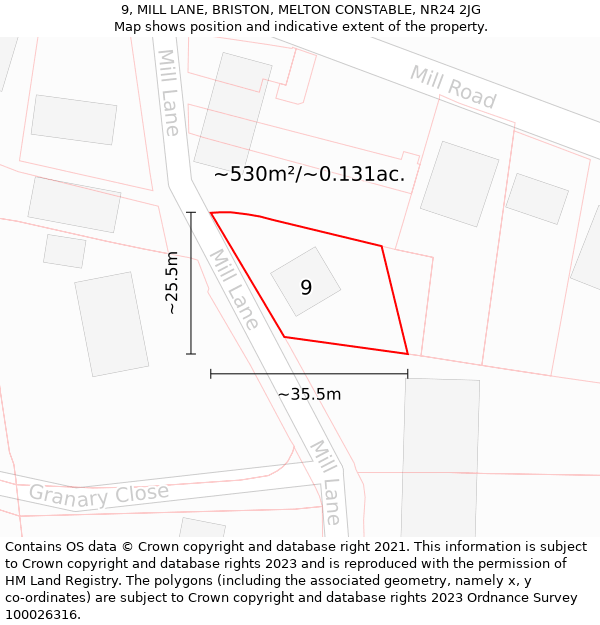 9, MILL LANE, BRISTON, MELTON CONSTABLE, NR24 2JG: Plot and title map