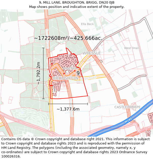 9, MILL LANE, BROUGHTON, BRIGG, DN20 0JB: Plot and title map