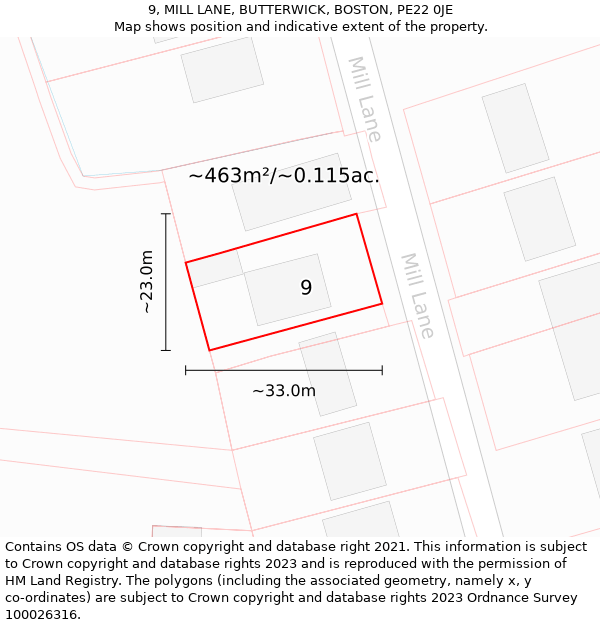 9, MILL LANE, BUTTERWICK, BOSTON, PE22 0JE: Plot and title map