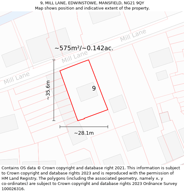 9, MILL LANE, EDWINSTOWE, MANSFIELD, NG21 9QY: Plot and title map