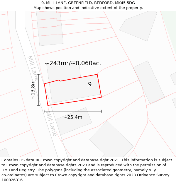 9, MILL LANE, GREENFIELD, BEDFORD, MK45 5DG: Plot and title map