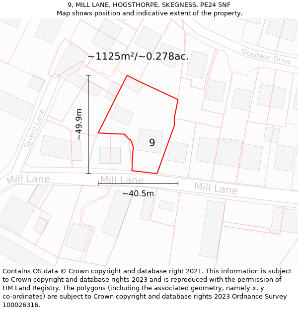 9, MILL LANE, HOGSTHORPE, SKEGNESS, PE24 5NF: Plot and title map