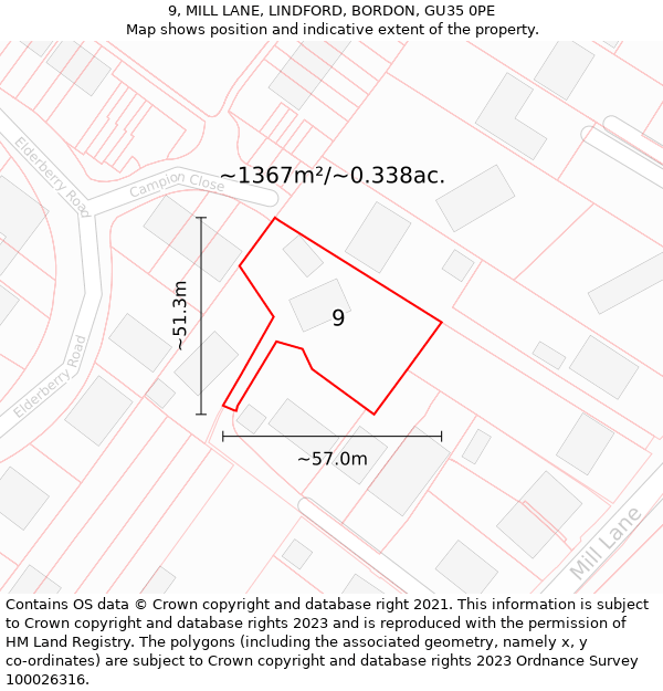 9, MILL LANE, LINDFORD, BORDON, GU35 0PE: Plot and title map