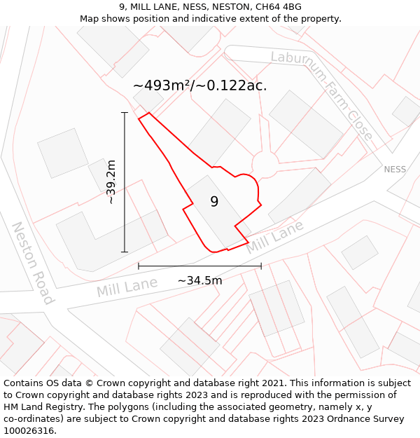 9, MILL LANE, NESS, NESTON, CH64 4BG: Plot and title map