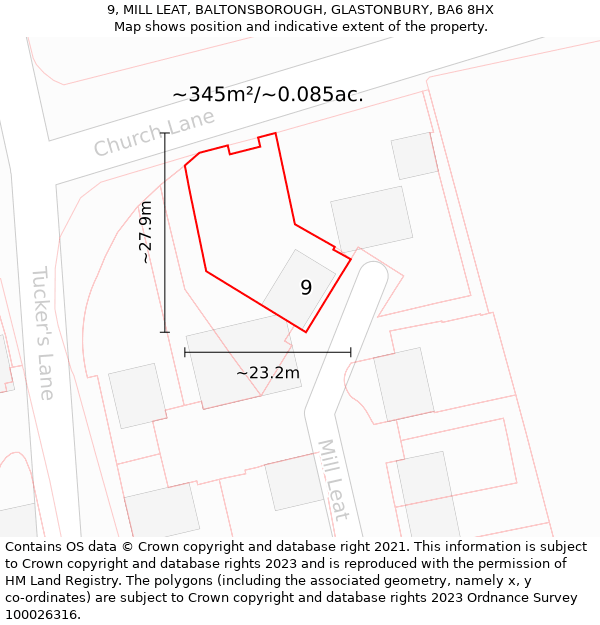 9, MILL LEAT, BALTONSBOROUGH, GLASTONBURY, BA6 8HX: Plot and title map