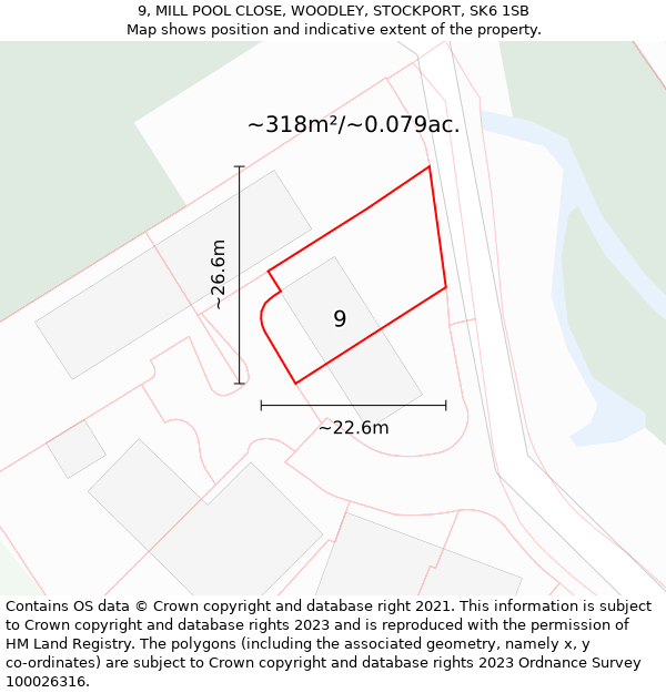 9, MILL POOL CLOSE, WOODLEY, STOCKPORT, SK6 1SB: Plot and title map