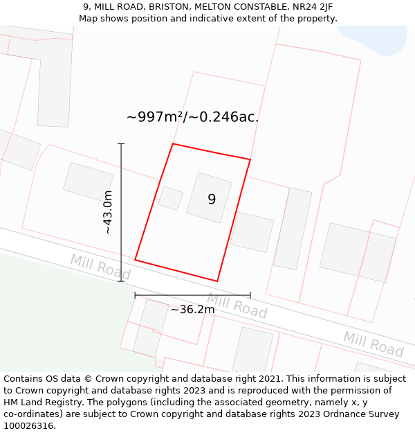 9, MILL ROAD, BRISTON, MELTON CONSTABLE, NR24 2JF: Plot and title map