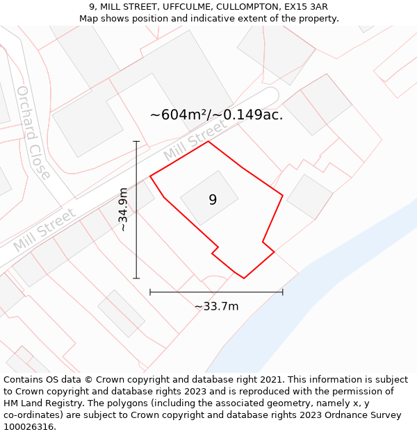 9, MILL STREET, UFFCULME, CULLOMPTON, EX15 3AR: Plot and title map