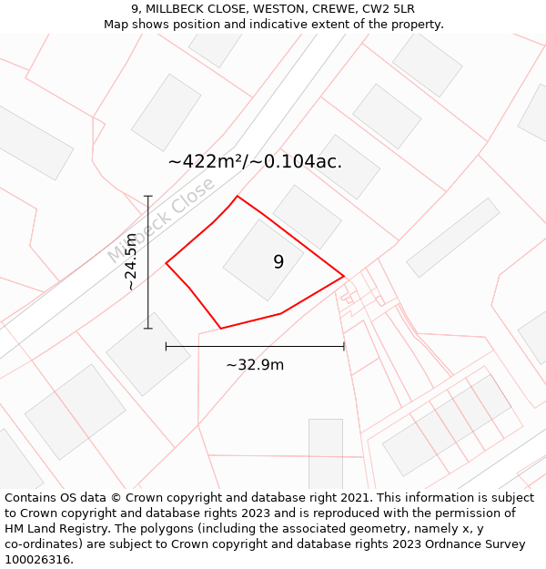 9, MILLBECK CLOSE, WESTON, CREWE, CW2 5LR: Plot and title map