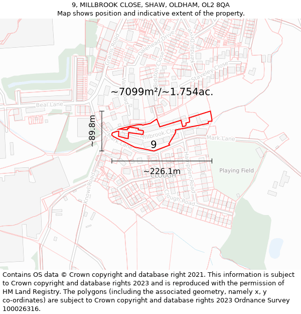 9, MILLBROOK CLOSE, SHAW, OLDHAM, OL2 8QA: Plot and title map