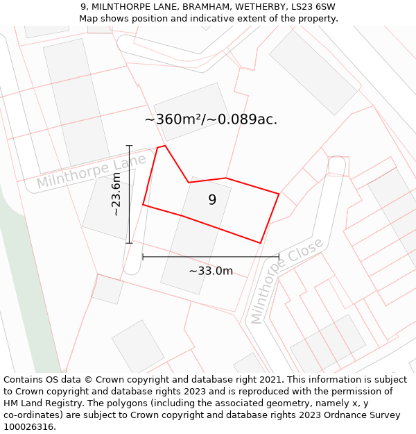 9, MILNTHORPE LANE, BRAMHAM, WETHERBY, LS23 6SW: Plot and title map