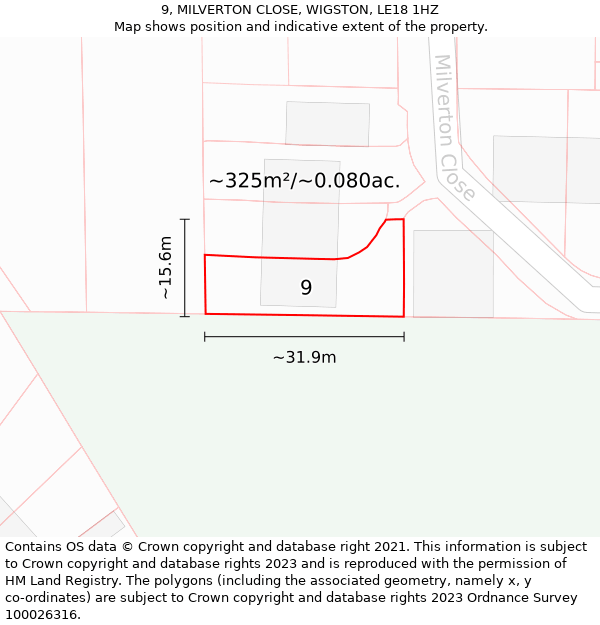 9, MILVERTON CLOSE, WIGSTON, LE18 1HZ: Plot and title map