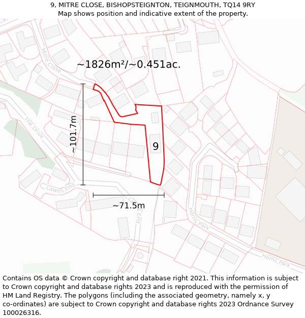 9, MITRE CLOSE, BISHOPSTEIGNTON, TEIGNMOUTH, TQ14 9RY: Plot and title map