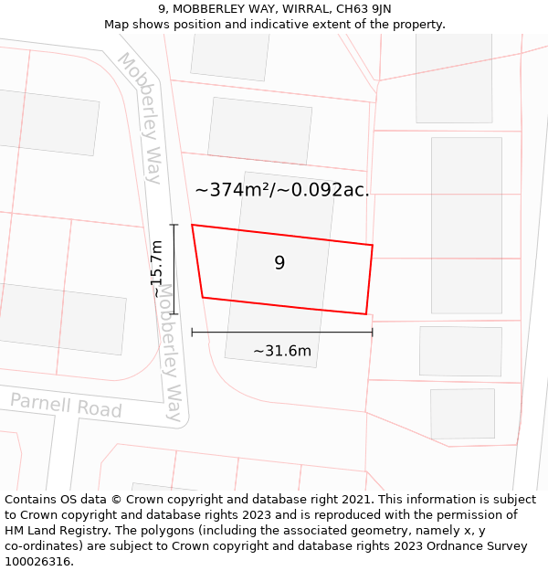 9, MOBBERLEY WAY, WIRRAL, CH63 9JN: Plot and title map