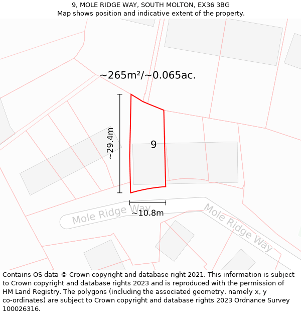 9, MOLE RIDGE WAY, SOUTH MOLTON, EX36 3BG: Plot and title map