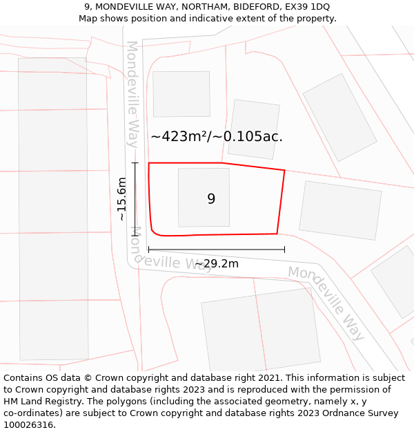 9, MONDEVILLE WAY, NORTHAM, BIDEFORD, EX39 1DQ: Plot and title map