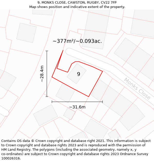 9, MONKS CLOSE, CAWSTON, RUGBY, CV22 7FP: Plot and title map