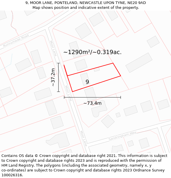 9, MOOR LANE, PONTELAND, NEWCASTLE UPON TYNE, NE20 9AD: Plot and title map