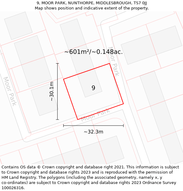 9, MOOR PARK, NUNTHORPE, MIDDLESBROUGH, TS7 0JJ: Plot and title map