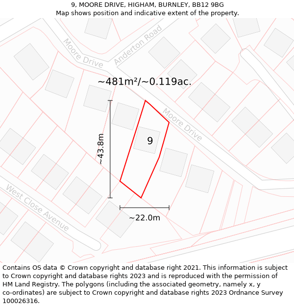 9, MOORE DRIVE, HIGHAM, BURNLEY, BB12 9BG: Plot and title map