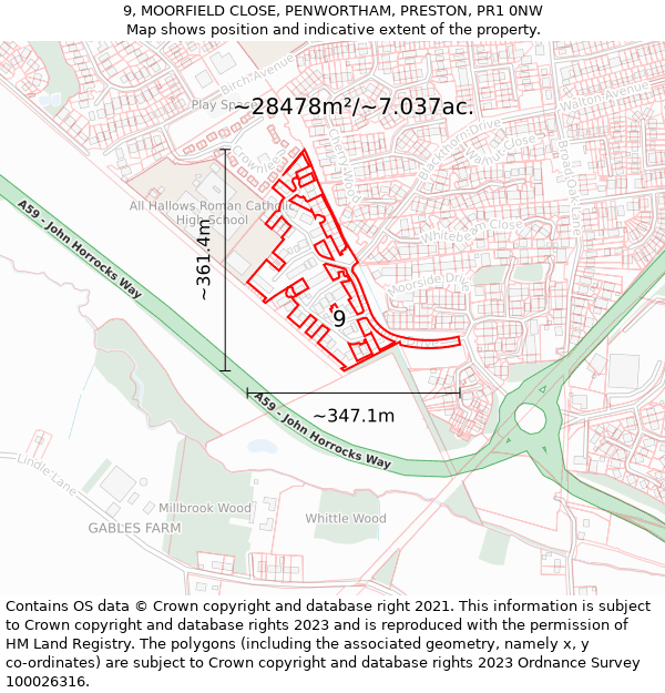 9, MOORFIELD CLOSE, PENWORTHAM, PRESTON, PR1 0NW: Plot and title map