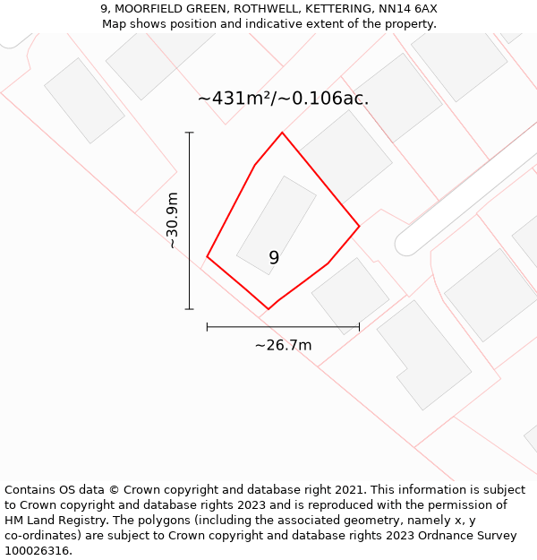 9, MOORFIELD GREEN, ROTHWELL, KETTERING, NN14 6AX: Plot and title map