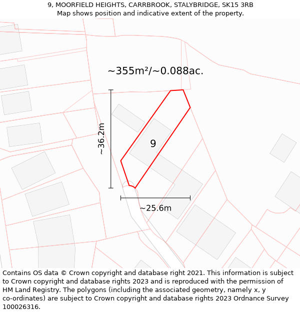 9, MOORFIELD HEIGHTS, CARRBROOK, STALYBRIDGE, SK15 3RB: Plot and title map