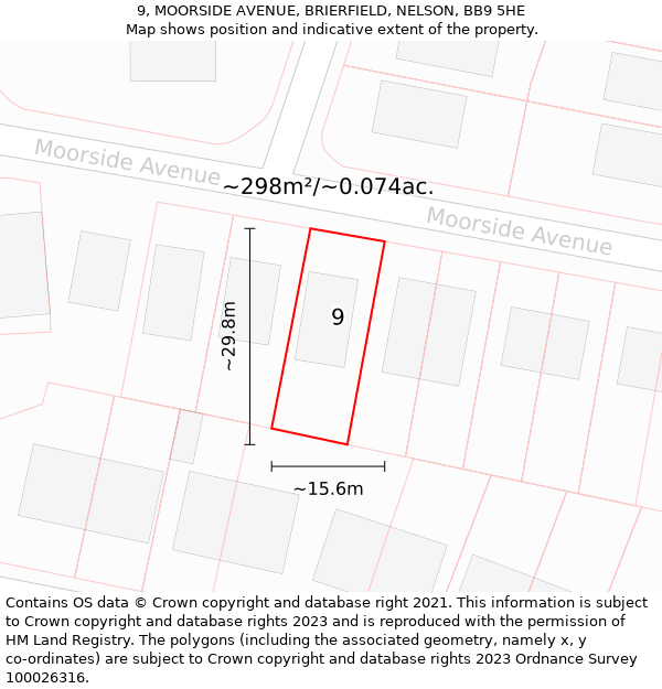 9, MOORSIDE AVENUE, BRIERFIELD, NELSON, BB9 5HE: Plot and title map