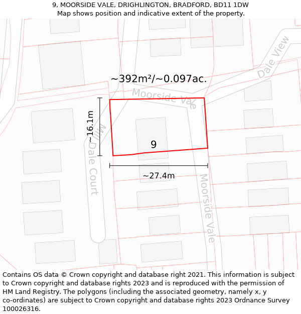 9, MOORSIDE VALE, DRIGHLINGTON, BRADFORD, BD11 1DW: Plot and title map