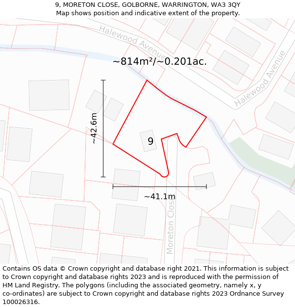 9, MORETON CLOSE, GOLBORNE, WARRINGTON, WA3 3QY: Plot and title map